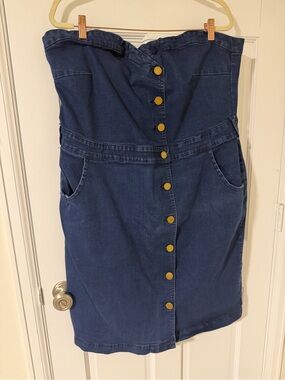 City Chic Dark Blue Denim Midi Dress with Button Front